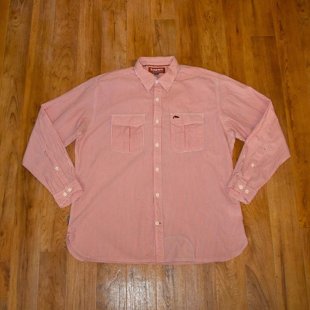 Simms Fishing Products Long Sleeve Button Up Shirt Mens XL Orange Gingham